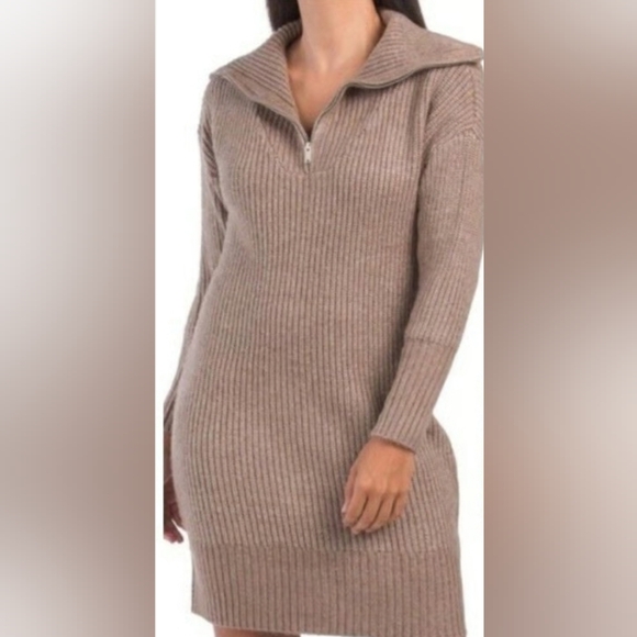 cupcakes & cashmere Sweaters - Cupcakes and Cashmere Light Brown Quarter Zip High Neck Sweater Dress S